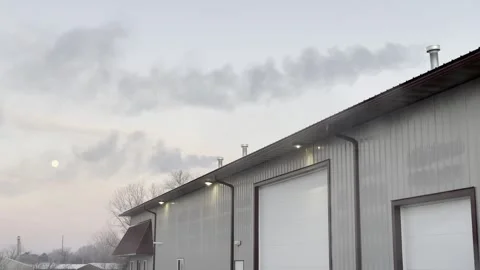 Winter Smoke Stack Industrial Dawn Sunrise 4K HDR Stock Footage 250368970