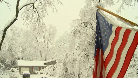 Winter snow and US flag Stock Footage 102750432