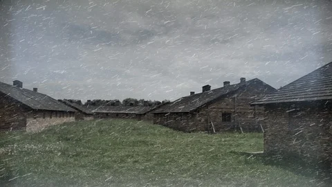 Winter Snow Barracks, Auschwitz Concentration Camp Site Grey Snow Fall Day Light Vidéo 86141849