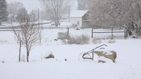 Winter snow blizzard rural town front yard 4K 008 Stock Footage 47981091