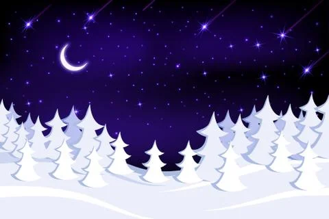 Winter snow-covered forest on the background of a beautiful starry sky. Stock Illustration