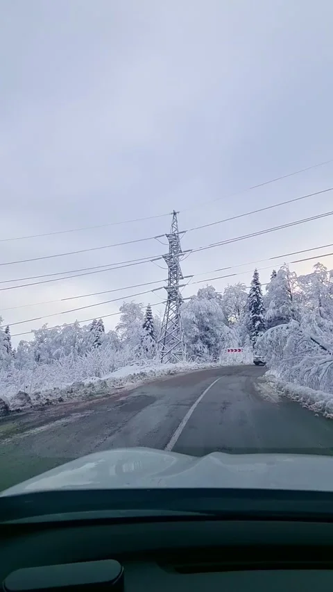 Winter snow-covered road in a mountain forest. vertical video. Vídeos de archivo 232338697