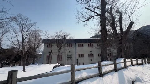 Winter Snow Fenced Building Bare Trees Hokkaido Japan Stock Footage 347124826