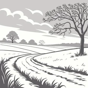 Winter Snow Field and Cloudy Sky Scene Stock Illustration