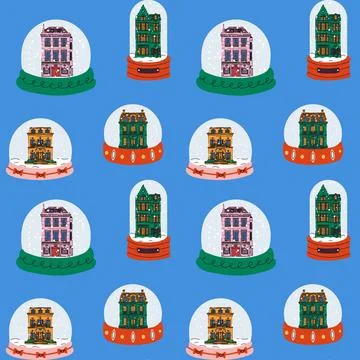 Winter snow globe pattern with colorful houses Stock Illustration