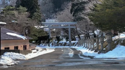 Winter Snow Hakodate Torii Gate Stone Lanterns Hokkaido Japan 動画素材 347124825
