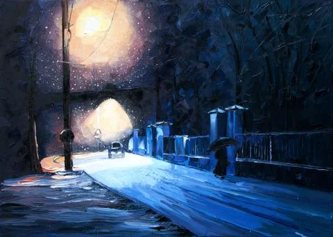 Winter snow Lantern Park machine girl under umbrella oil painting Ilustração Stock