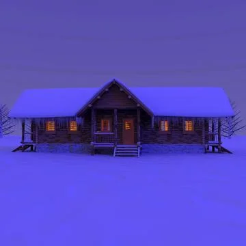 Winter Snow Log Cabin Night 3D Model