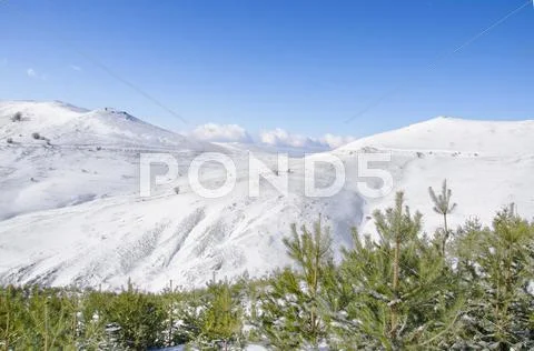 Winter snow mountains peaks with clear sky in macedonia Stock Photos