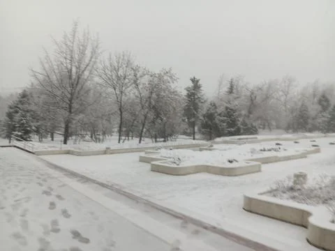 Winter snow outside Central State Museum of the Republic of Kazakhstan Stock Photos