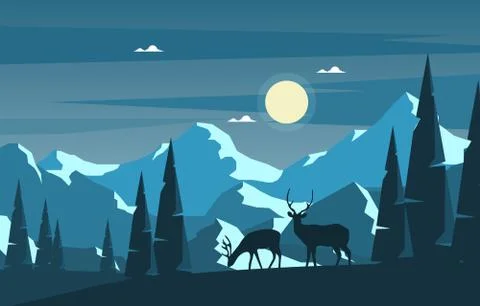 Winter Snow Pine Mountain Deer Nature Landscape Illustration 스톡 일러스트