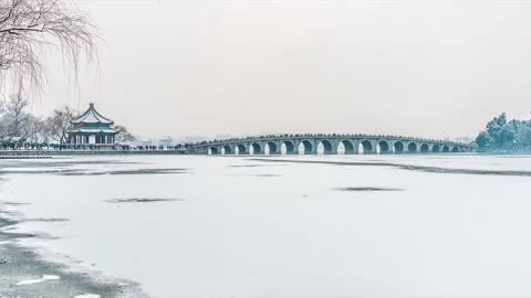 Winter snow scene of the Seventeen Hole Bridge in the Summer Palace in China Stock Footage