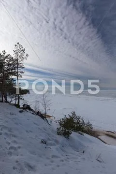 Winter snow sea coast Baltic Sea Latvia Saulkrasti Stock Photos