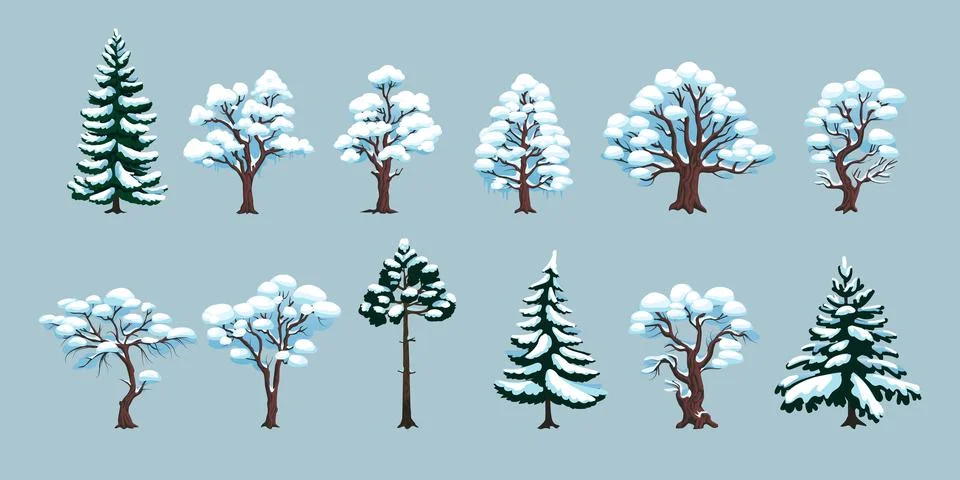 Winter snow tree set. Forest snowy, ice plant. Evergreen fir, pine and spru.. 스톡 일러스트