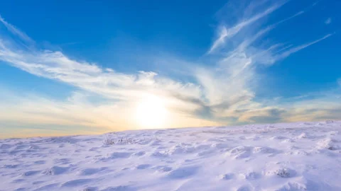Winter snowbound plain at the twilight Видео 343605241