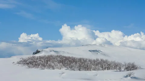 Winter snowbound plain under dense cloudy sky time lapse scene Stock Footage 178901026
