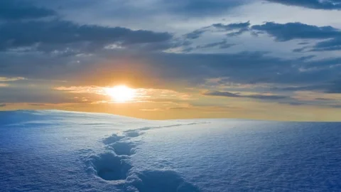 Winter snowbound prairie with human track at the sunset Stock Footage 221573055