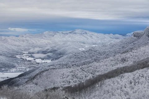 Winter snowfall in Collada De Bracons and Puigsacalm peak, La Garrotxa, Gir.. Фото