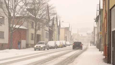 Winter Snowfall Street View Traffic Germany Europe Stock Footage 104114046