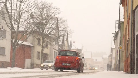 Winter Snowfall Street View Traffic Germany Europe Stock Footage 104114048