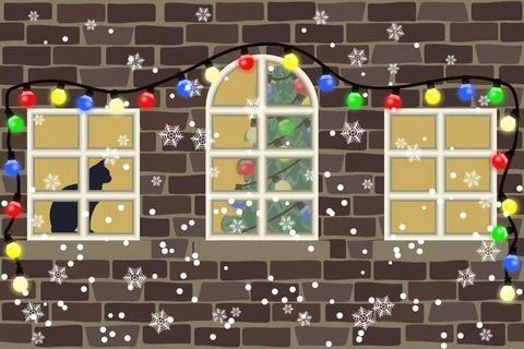 Winter, snowfall, the wall of a brick house with windows Stock Illustration