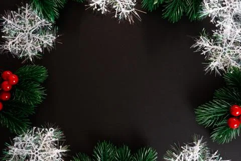 Winter Snowflake Border with Pine Branches, Christmas Flat Lay Stock Photos