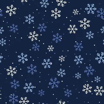 Winter snowflakes seamless pattern on dark navy blue background, falling snow in Stock Illustration