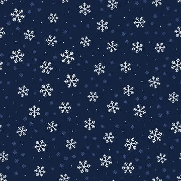 Winter snowflakes seamless pattern with white and blue falling snow on dark navy Stock Illustration