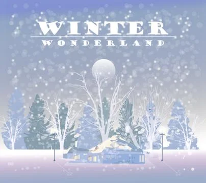 Winter snowing background Vector. Small house and woods. Christmas mood. cart Stock Illustration