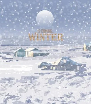 Winter snowing background Vector. Small house and woods. Christmas mood. cart Stock Illustration