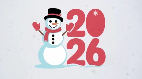 Winter snowman forming the shape of number two beside stylized 2026 digits w Stock Footage 321399280