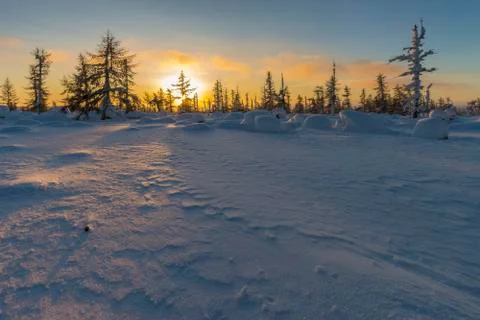 Winter snowscape with forest, trees and snowy cliffs. landscape. Amazing scenery Stock Photos