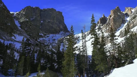 Winter snowy high winds Flattop Mountains Hallett Peak Rocky Mountain National Stock Footage 329807429