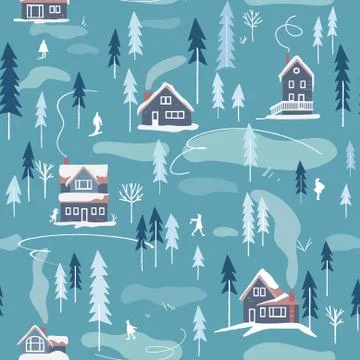 Winter snowy landscape vector seamless pattern. Stock Illustration