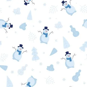 Winter snowy seamless pattern with snowmen and snowflakes, park elements, trees Ilustração Stock