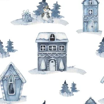 Winter snowy town or village seamless pattern. Blue cartoon house with spruce Stock Illustration
