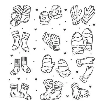 Winter socks and gloves hand drawn doodles coloring Illustrazione stock