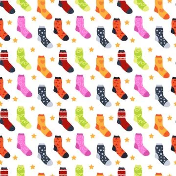 Winter socks with different prints seamless pattern. Christmas sock repeating Stock Illustration