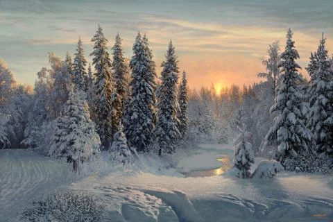 Winter sonata. Digital painting. Landscapes Stock Illustration