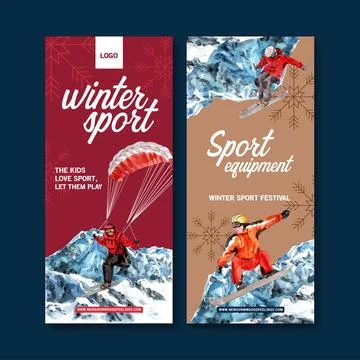 Winter sport flyer design with parachute watercolor illustration. Stock Illustration