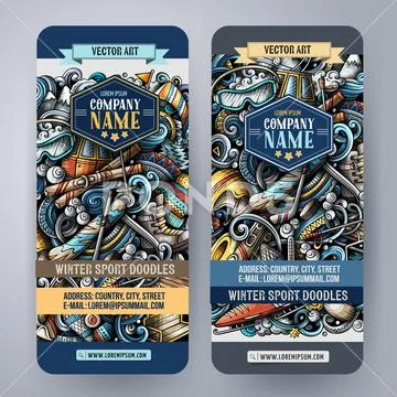 Winter sport hand drawn doodle banners set. Cartoon detailed flyers. Stock Illustration