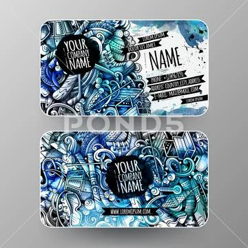 Winter sport hand drawn doodle id cards set. Cartoon detailed flyers. Stock Illustration