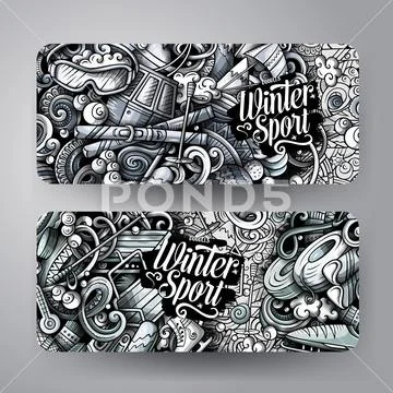 Winter sport hand drawn doodle banners set. Cartoon detailed flyers. Stock Illustration