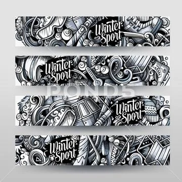 Winter sport hand drawn doodle banners set. Cartoon detailed flyers. Stock Illustration