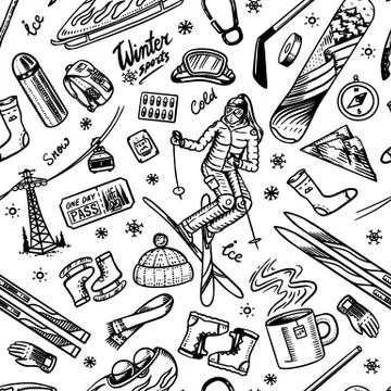 Winter sport seamless pattern background. Vintage Snowboarding and skiing Illustrazione stock