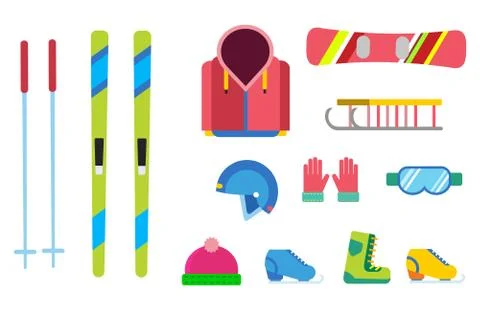 Winter sport vector icons set ski snowboarding clothes tool elements helmet Stock Illustration