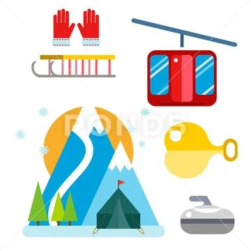 Winter Sport Vector Icons Set Ski Gondola Snowboarding Clothes Tool Elements