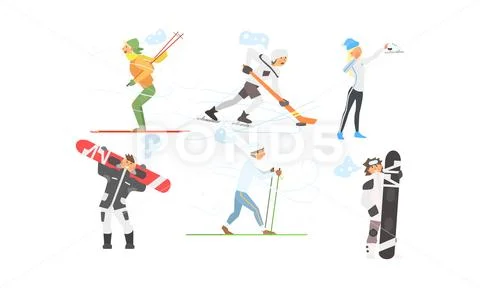 Winter sports activities set, skiing, hockey, figure skating, snowboarding Stock Illustration