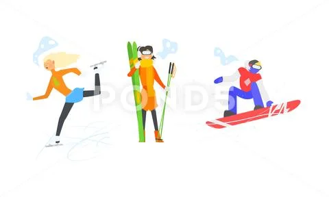 Winter sports activities set, skiing, figure skating, snowboarding, winter Stock Illustration