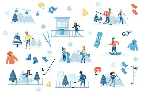 Winter sports bundle of flat scenes. Stock Illustration